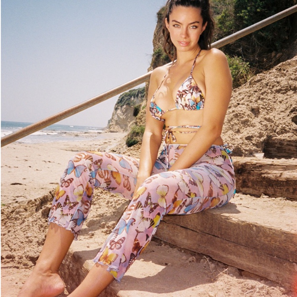 Inamorata Butterfly Print Sheer Beachwood Ankle Pants Swim Cover Up L S M